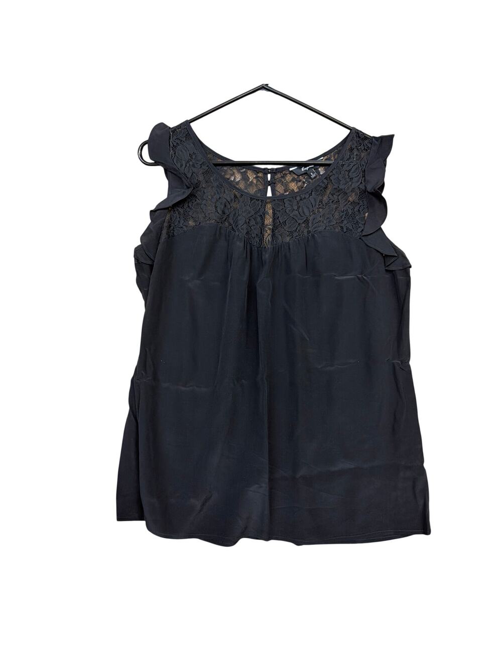 Express Womens Blouse Black 100% Silk Lace Ruffled Sleeveless Keyhole Back Large